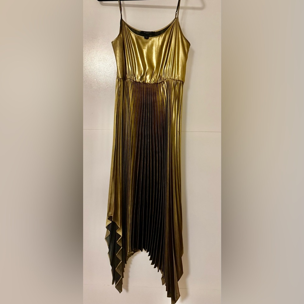 AllSaints Metallic Gold Pleated Maxi Skirt